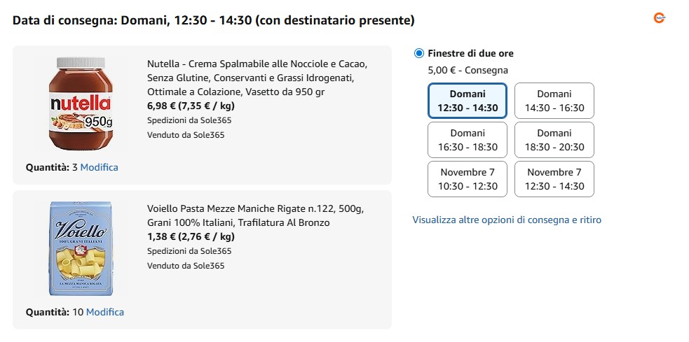 Amazon Sole365 Scelta Orario Consegna Slot di 2 Ore